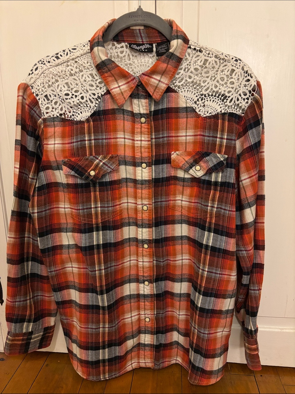 Wrangler Orange Black Cream Plaid Button-Up Shirt with Lace Yoke